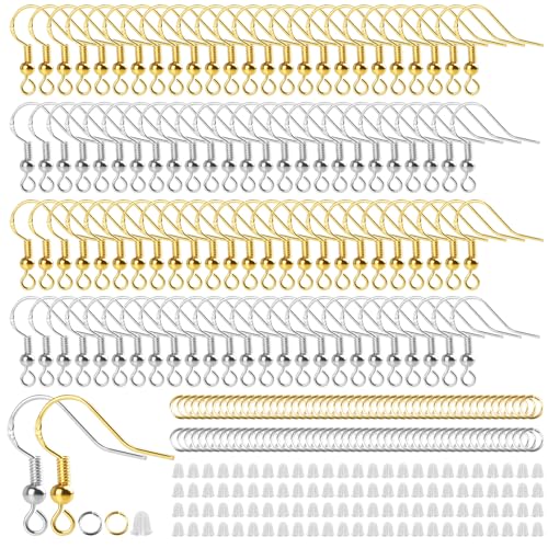 300 Stück Ohrring Haken, Ohrringe Silber 925,Ohrringe Selber Machen Set, Ohrhänger Silber, Hypoallergene Ohrringe Basteln, Ohrhaken Silber mit Durchsichtigen Gummi Ohrstopper Und Spule(Silber, Gold） von Deepton