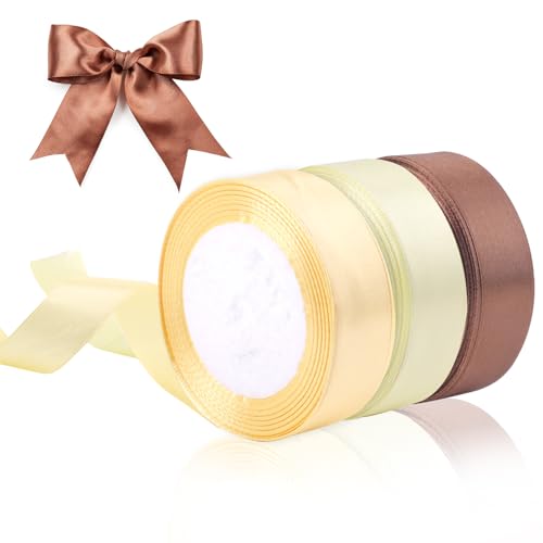 66m Geschenkband Gold, 25mm Satinband Gold Braun, Schleifenband Breit Diy Handwerk, Geschenkband Stoff, Satinbänder zum Verpacken, Dekoband, Solid Color Ribbon für Geburtstag, Hochzeit, Nähen, Party von Deepton