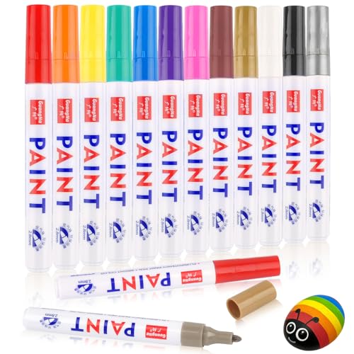 Deepton 12 Permanent Marker Stifte, 8 Farben Bunt Lackstift Stifte, Wasserfest Schnell Trocknend Glasstift Steine Bemalen, Permanentmarker Set für Kunststoff, Karton, Holz, Metall, Leinwand von Deepton