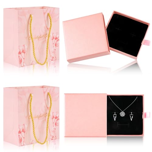 Deepton Schmuck Geschenkbox, 2 Stück Schmuckbox, Schmuckschatulle mit 2 Stück Geschenktasche, Schmuck Box, Schmuckbox Klein, Schmuck Geschenkbox, Schmuckschachtel für Halskette - Rosa von Deepton