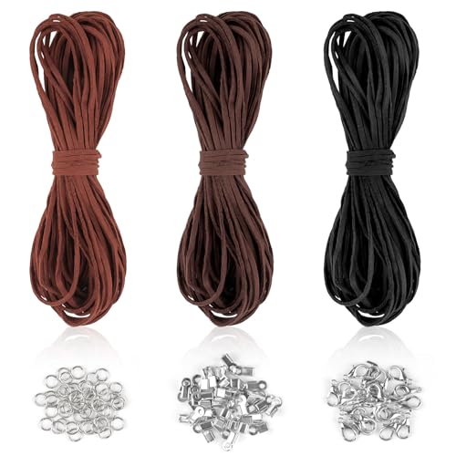 Deepton 3 Farben Lederband, 10m X 3mm Lederband für Ketten, Lederschnur mit Verschluss, Basteln Lederbänder, Faux Wildleder Schnur, Lederband Kette für DIY Armband Halskette Schmuck Handwerk von Deepton