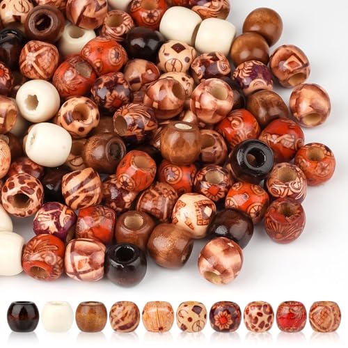 Deepton 300 Stück Holzperlen zum Auffädeln, 10mm Holzkugeln mit Loch, Makramee Holzperlen Großes Loch, Holzperlen Natur, Muster Gemalt Perlen Holz für Dreadlocks Makramee Armband Basteln von Deepton