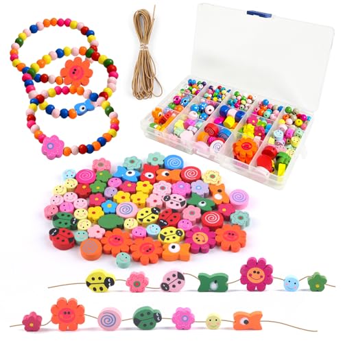 Deepton 390+ Stück Holzperlen zum Auffädeln, Perlen zum Auffädeln Kinder ab 2 3 4 Jahre, Holzperlen Kinder, Bunte Perlen zum Auffädeln, Holzperlen mit Gesicht, Smiley Perlen DIY Armbänder Halsketten von Deepton