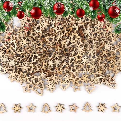 Deepton 400 Stück Streudeko Weihnachten, Holzdeko Weihnachten, Holz Weihnachtsdeko Klein, Tischdeko Weihnachten, Schneeflocken Sterne Holz Deko Weihnachten Basteln für DIY, Handwerk, Geschenk von Deepton