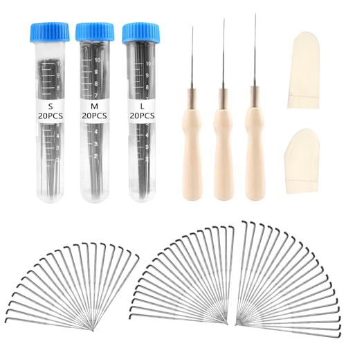 Deepton Filznadeln zum Trockenfilzen, 60PCS 3 Größen Filznadeln mit 3PCS Filz Holzgriff Werkzeug und 3 Klare Flaschen, Filznadel für Anfänger, Filznadeln zum Trockenfilzen Set Filznadel Werkzeug von Deepton