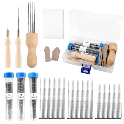 Deepton Filznadeln zum Trockenfilzen, Nadelfilz-Set, 60PCS Filznadeln in 3 Größen, Nadelfilz Set mit 3 Filznadelgriff aus Holzw, Nadelfilzen, Nadelfilz-Starter-Set (2 Größen Griff + 1 Kunststoffbox) von Deepton