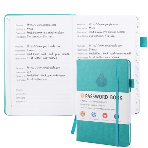 Deepton Passwort Buch, Passwortbuch mit Register A-Z, Password Book mit Adressbuch, Notizbuch mit Register, Passwortbuch mit Innentasche, Telefonbuch mit Register, Passwort Manager - Grün von Deepton