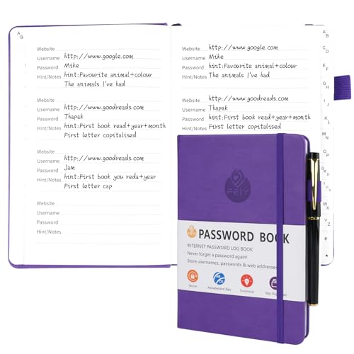 Deepton Passwort Buch, Passwortbuch mit Register A-Z, Password Book mit Adressbuch, Notizbuch mit Register, Passwortbuch mit Innentasche, Telefonbuch mit Register, Passwort Manager - Dunkellila von Deepton