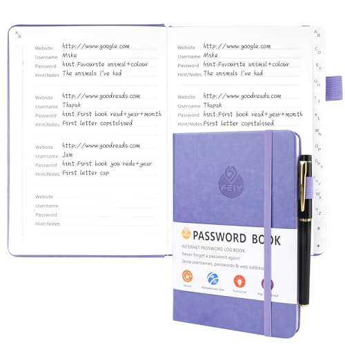 Deepton Passwort Buch, Passwortbuch mit Register A-Z, Password Book mit Adressbuch, Notizbuch mit Register, Passwortbuch mit Innentasche, Telefonbuch mit Register, Passwort Manager - Lila von Deepton