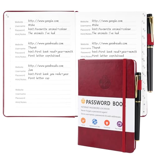 Deepton Passwort Buch, Passwortbuch mit Register A-Z, Password Book mit Adressbuch, Notizbuch mit Register, Passwortbuch mit Innentasche, Telefonbuch mit Register, Passwort Manager - Rotbraun von Deepton