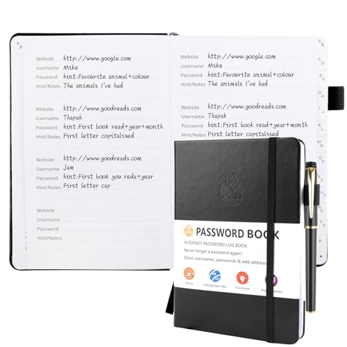 Deepton Passwort Buch, Passwortbuch mit Register A-Z, Password Book mit Adressbuch, Notizbuch mit Register, Passwortbuch mit Innentasche, Telefonbuch mit Register, Passwort Manager - Schwarz von Deepton