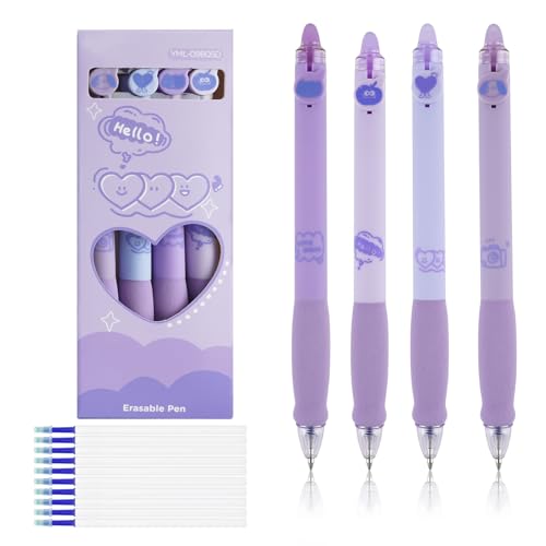 Deepton Radierbarer Kugelschreiber, 4 Stück Tintenroller Radierbar, 0,5mm Blau Radierbare Stifte, Kugelschreiber Radierbar, Erasable Pen mit 10 Ersatzminen für Studenten Geschenk, Bürobedarf (Lila) von Deepton