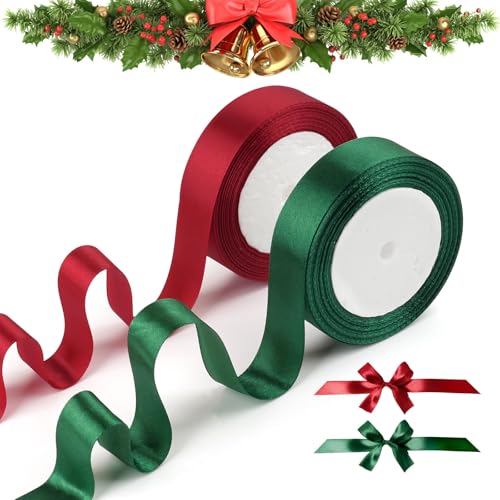 Deepton Satinband Weihnachten, 25mm Geschenkband Weihnachten, 44m Schleifenband Weihnachten, 2 Rollen Weihnachtsband, Geschenkband Breit, Satinband Rot Grün, Geschenkbänder für Weihnachtsdeko Party von Deepton