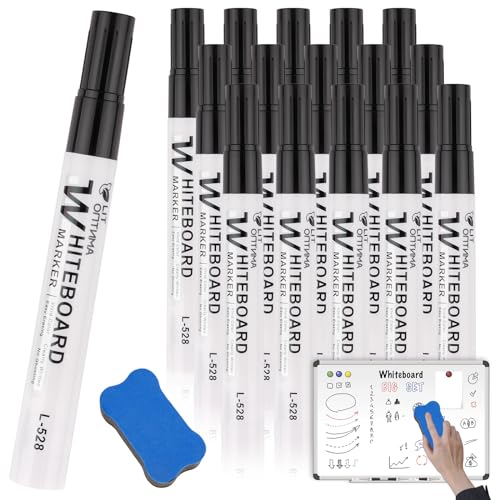 Deepton Whiteboard Marker, 15 Schwarz Whiteboard Stifte Abwischbar, Non Permanent Dry Erase Marker mit Whiteboard - Radierer, White Board Marker Pens für Schule Büro Flipchart - Rundspitze 2-3mm von Deepton