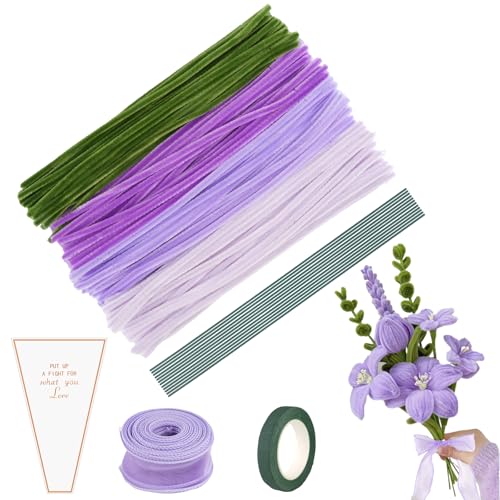 Violett Tulpe Blumenstrauß Pfeifenreiniger, Pfeifenputzer zum Basteln mit 200 Stück Pfeifenputzer(4 Farben), Basteldraht, Verpackungsbeutel, Geschenkband, Klebeband DIY Pfeifenreiniger Blumen-Set von Deepton