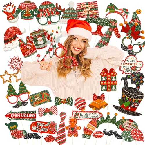 Fotobox Accessoires Weihnachten, 45 STK Fotorahmen Foto Requisiten Weihnachtsparty Deko Weihnachtsfeier Deko Weihnachtsaccessoires Gold Weihnachtsassesoires von Deepton