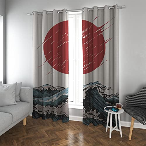 Deertweet Home Verdunkelungsvorhänge im japanischen Stil Sonnenaufgang und Wellen Malen Fenstervorhänge 2 Paneele bieten Sichtschutzvorhänge für Wohnzimmerküche H210xB140 von Deertweet Home