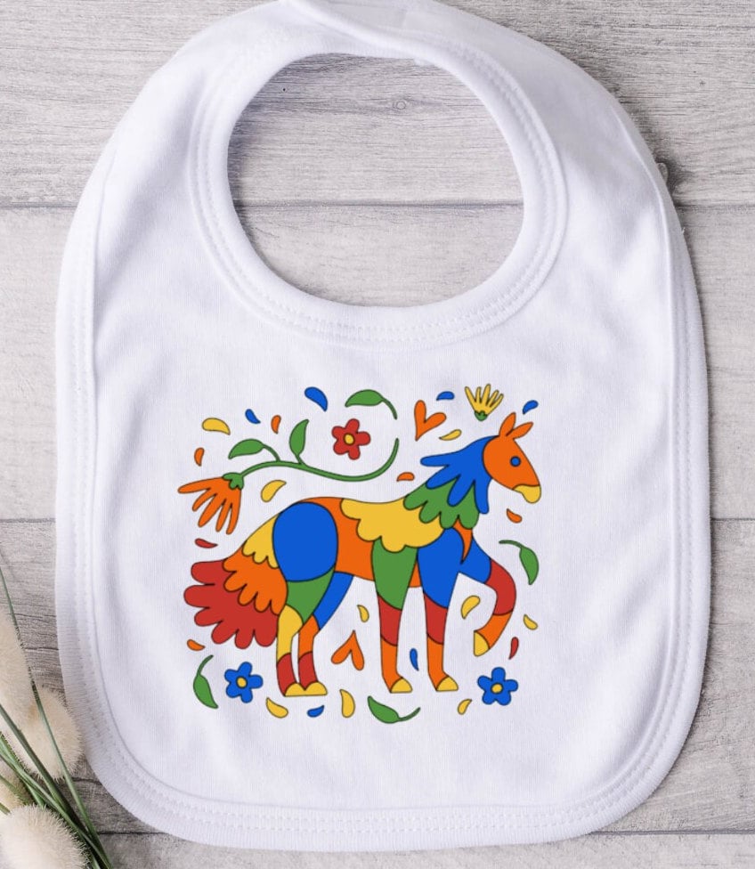 Weißes Baby Lätzchen Mit Buntem Pferd Velcro Verschluss Tolles Geschenk Lätzchen Blau Rot Gelb von DeesCreationsStore