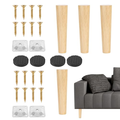 Möbelbeine aus Holz, 4 Stück, Sofa-Beine, runde Holzdrehspindel, Sofa-Ersatz-Knotenfüße mit Schraubbefestigungsplatte & Anti-Rutsch-Pads, Holzbein-Möbelbeine für Couch, Stuhl, Kommode von Deewar