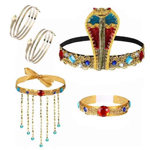 5-teiliges ägyptisches Kostümzubehör-Set, inklusive Kobra-Kopfschmuck, Quaste, Perlen-Halskette, Schlangenarmband, Edelstein-Armband für Damen, ägyptischer Kopfschmuck, Kleopatra-Kopfschmuck, von Defresit