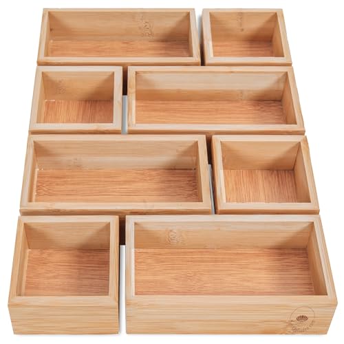 DeinKaufladen.com 8er Set Aufbewahrungsbox Holz Organizer – praktische und flexible Bambus Box - Schubladen Box Sortierbox Sortierkasten Kosmetik Aufbewahrung Ordnungsbox Holzboxen Holzkasten von DeinKaufladen.com