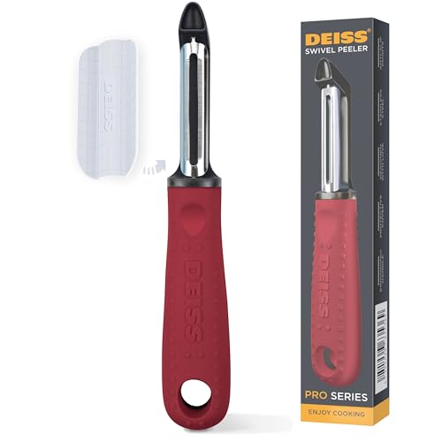 Deiss PRO Swivel Gemüseschäler - Scharfer Edelstahlschäler mit einfachem, rutschfestem Griff, Kartoffelschäler für die Küche, Obst, Karotte, Apfel, Gemüse, Kiwi, langlebig und spülmaschinenfest (RED) von Deiss