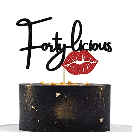 Fortylicious Cake Topper, Happy 40th Birthday Cake Decor, Cheers & Beers to 40 Years, 40th Birthday Party Dekorationen Schwarz und Rot Glitzer von Dejupgar