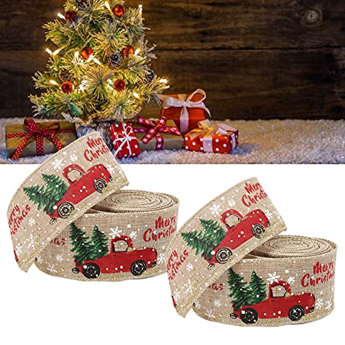 Dekaim Geschenkband Weihnachtsbänder, 2 Stück, je 5 Meter, Cartoon-Retro-LKW-Muster, dekoratives Zubehör, Hanf für Geschenkverpackungen und Bastelarbeiten von Dekaim