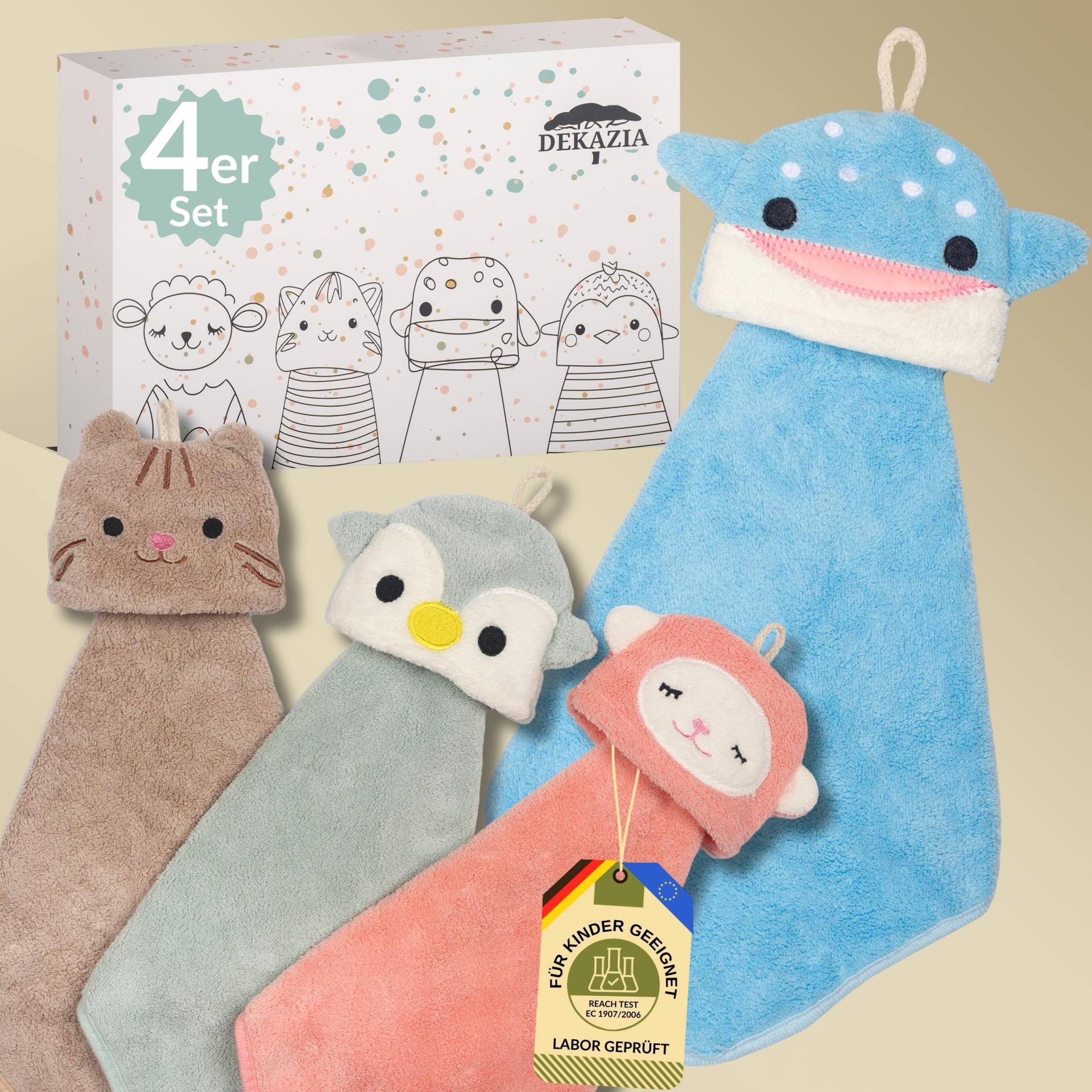 4Er Set Kinderwaschlappen | Kinderhandtücher Tiere Aus Mikrofaser Geschenkset Kinder Geschenk Zur Geburt Für Tiermotiv Tuch von Dekazia