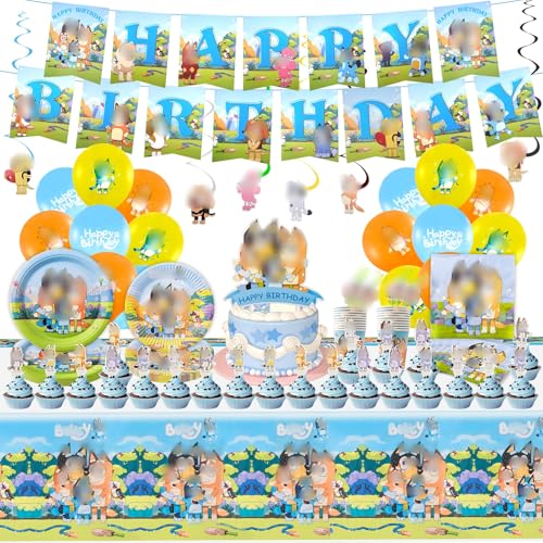 111PCS Geburtstagsdeko, Blau Dog Geburtstag Party Deko Theme Geschirr Set 10 Personen Enthält Luftballons Geburtstag Banner Tortendeko Becher Servietten Tischdecke, Pappteller Kindergeburtstag von Dekewe