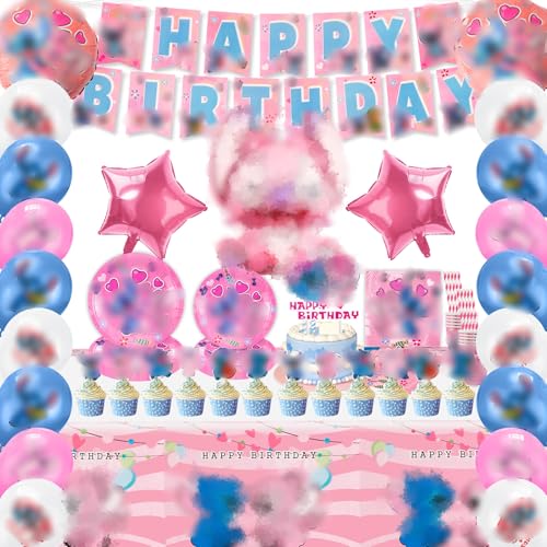 114PCS Geburtstags Party Deko, Rosa Geburtstag Party Deko Theme Geschirr Set 10 Personen mit Luftballons Geburtstag Banner Tortendeko Becher Servietten Tischdecke, Pappteller Kindergeburtstag von Dekewe