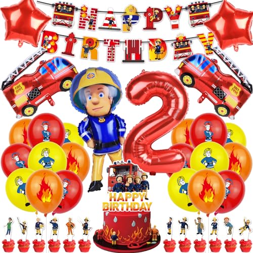 38 Stück Feuerwehr Geburtstag Deko, Feuerwehrmann Luftballons Partyset, Kindergeburtstag Luftballons mit Tortendeko, Feuerwehr Geburtstagsdeko für 2 Jahre Junge und Mädchen Party Dekoration von Dekewe