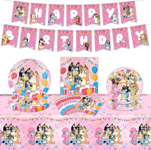 42PCS Dog Geburtstagsdeko, Mädchen Rosa Dog Geburtstag Party Deko Theme Geschirr Set 10 Personen Enthält Geburtstag Banner Servietten Tischdecke, Partygeschirr, Pappteller Kindergeburtstag Supplies von Dekewe