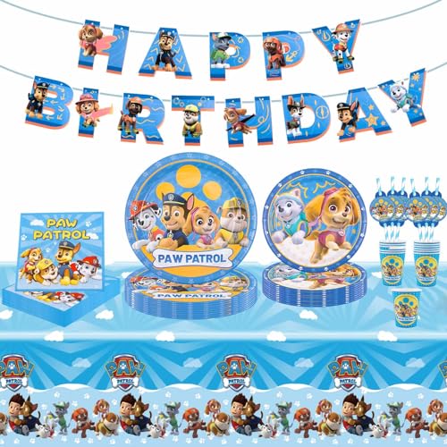 62Pcs Partygeschirr Set, Paw dog Geburtstag Deko Teller Becher Servietten Tischdecke Tortenaufleger Birthday Banner Luftballons, Patrol Deko Kindergeburtstag für 10 Personen von Dekewe