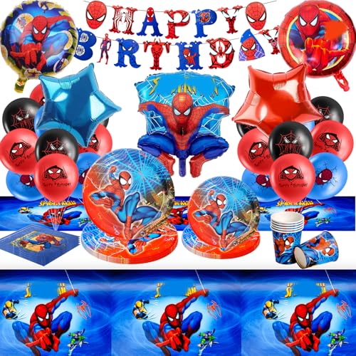 65 Stück Spider Geburtstagsdeko Kinder, Spider Geburtstagsparty Deko Partygeschirr Set, Kindergeburtstag Dekoration Luftballon Banner Tischdecke Teller für Kinder Jungen Theme Geburtstagsdeko Supplies von Dekewe