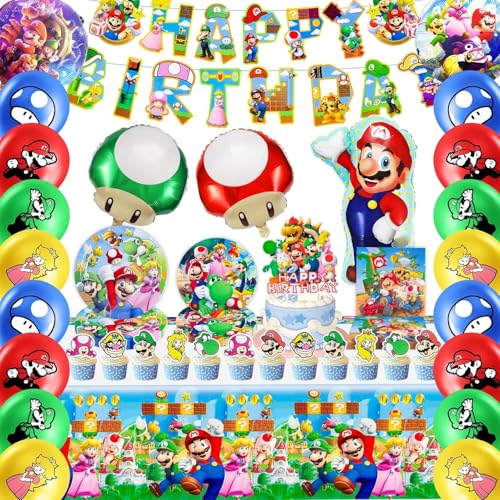 79PCS Super Geburtstag Party Deko, Theme Geschirr Set 10 Personen Enthält Luftballons Geburtstag Banner Tortendeko Servietten Tischdecke, Cartoon Geburtstagsdeko Pappteller Kindergeburtstag von Dekewe