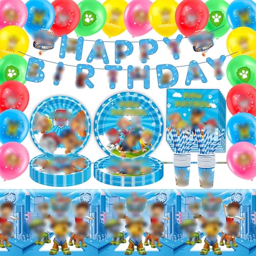 82 Stück Geburtstag Party Deko mit Luftballons, Banner, Tischdecken, Tischdecke, Strohhalmbecher und Servietten, Hund Dekoration Kinder Geburtstag Set Jungen Mädchen von Dekewe