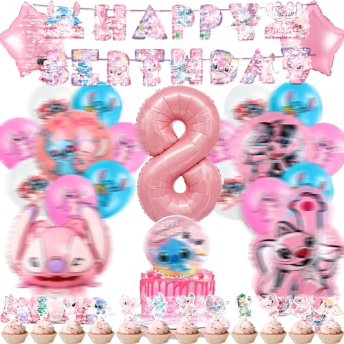 Dekewe 39PCS Stit-ch 8 Geburtstag Deko, 8 Jahr Luftballon, Kinder Geburtstag Ballons, Party Deko mit Happy Birthday Banner und Tortendeko für Jungen Mädchen von Dekewe