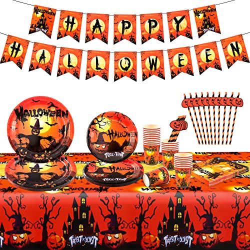 Dekewe 62 Stück Halloween Geschirr Halloween Pappteller Partygeschirr Set Halloween Deko Set Mit Tischdecken, Banner, Pappbecher, Tellern, Strohhalme Für Halloween Party von Dekewe