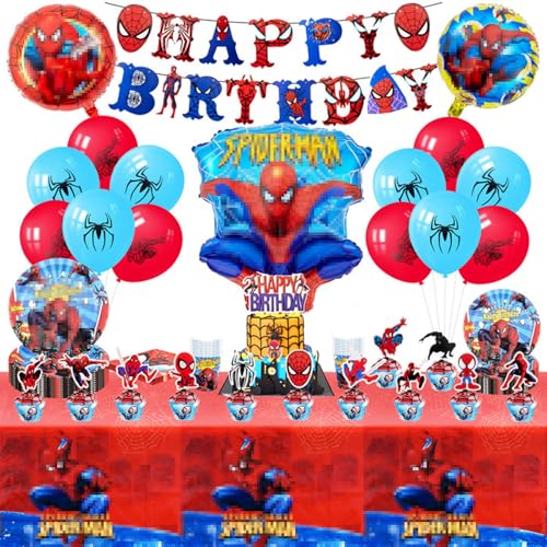 92 Stück Geburtstag Deko, Super Partygeschirr Set Kindergeburtstag Deko Enthält Teller Becher Tischdecke Cake Topper Luftballons Banner ,Party Geschirrset für 10 Personen von Dekewe