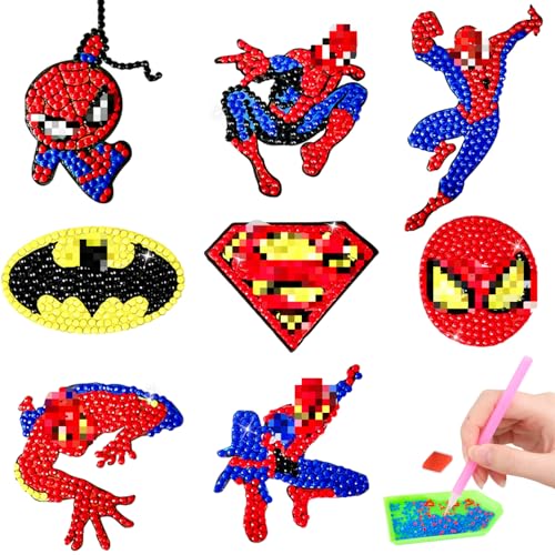 Dekewe DIY Spider Diamond Painting Sticker, 8 Stück Diamand Painting Kinder, Spider Diamond Painting Aufkleber Kit, Diamant Mosaik Bastelset Kinder, 5D Diamant Painting für Jungen Mädchen Geburtstag von Dekewe