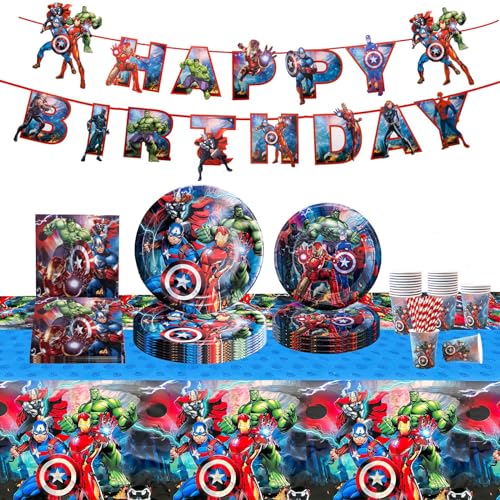 Dekewe Geburtstagdeko Avenger,92PCS Partygeschirr Pappteller Kindergeburtstag Party Teller Becher Servietten Trinkhalme Geburtstag Deko für 10 Personen von Dekewe