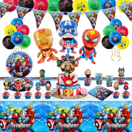 Dekewe Geburtstagsdeko Avenger, Partygeschirr Set Pappteller Kindergeburtstag Party Teller Becher Luftballons Servietten Tischdecke Geburtstag Deko für 10 Personen von Dekewe