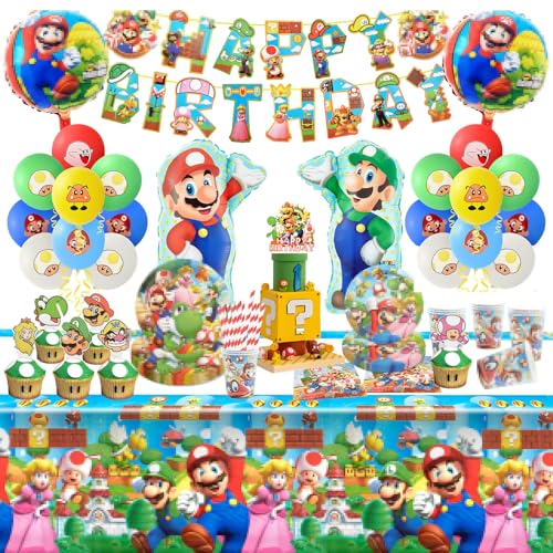 121PCS Mari Geburtstag Deko, Partygeschirr Kindergeburtstag Deko Enthält Teller Becher Servietten Cake Topper Luftballons Banner,Party Geschirrset für 10 Personen von Dekewe