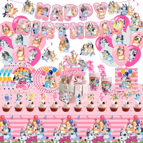 99PCS Dog Geburtstagsdeko Junge Männer, Rosa Geburtstag Party Deko Theme Geschirr Set 10 Personen Enthält Luftballons Geburtstag Banner Tortendeko Becher Servietten Tischdecke, Pappteller von Dekewe