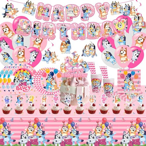 99PCS Dog Geburtstagsdeko Junge Männer, Rosa Geburtstag Party Deko Theme Geschirr Set 10 Personen Enthält Luftballons Geburtstag Banner Tortendeko Becher Servietten Tischdecke, Pappteller von Dekewe