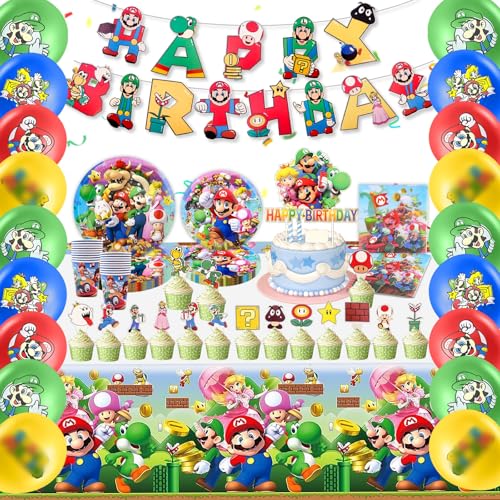 85PCS Super Brothers Geburtstag Party Deko, Theme Geschirr Set 10 Personen Enthält Luftballons Geburtstag Banner Tortendeko Becher Servietten Tischdecke, Geburtstagsdeko Pappteller Kindergeburtstag von Dekewe