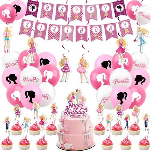 Luftballon Bar-ie Birthday Decorations, 44Pcs Pink Girls Birthday Balloons with Happy Birthday Banner, Party Decorations for Girls Happy Birthday Balloon Banner von Dekewe