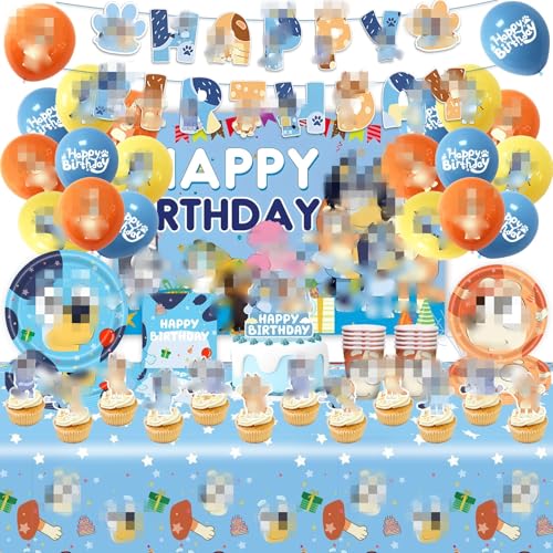 Partygeschirr Geburtstagsdeko, 84Pcs Dog Geburtstag Geschirr Set Geburtstagsdeko Partygeschirr Party Deko Tischdecke Servietten Teller und Becher Luftballon Banner Tortendeko für 10/20 Personen von Dekewe