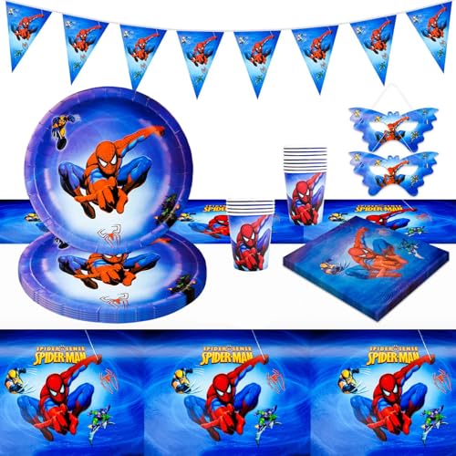 62pcs Partygeschirr, Spider Ggeburtstagsdeko Teller Tassen, Servietten Tischdecken, Geburtstagsdeko Party Set für 10 Personen von Dekewe